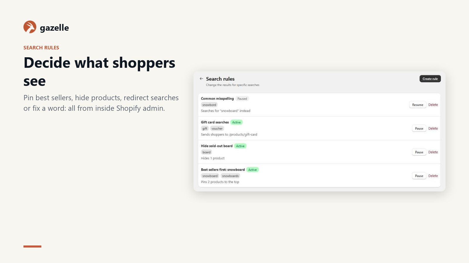 Search rules: pin, hide, redirect and replace searches