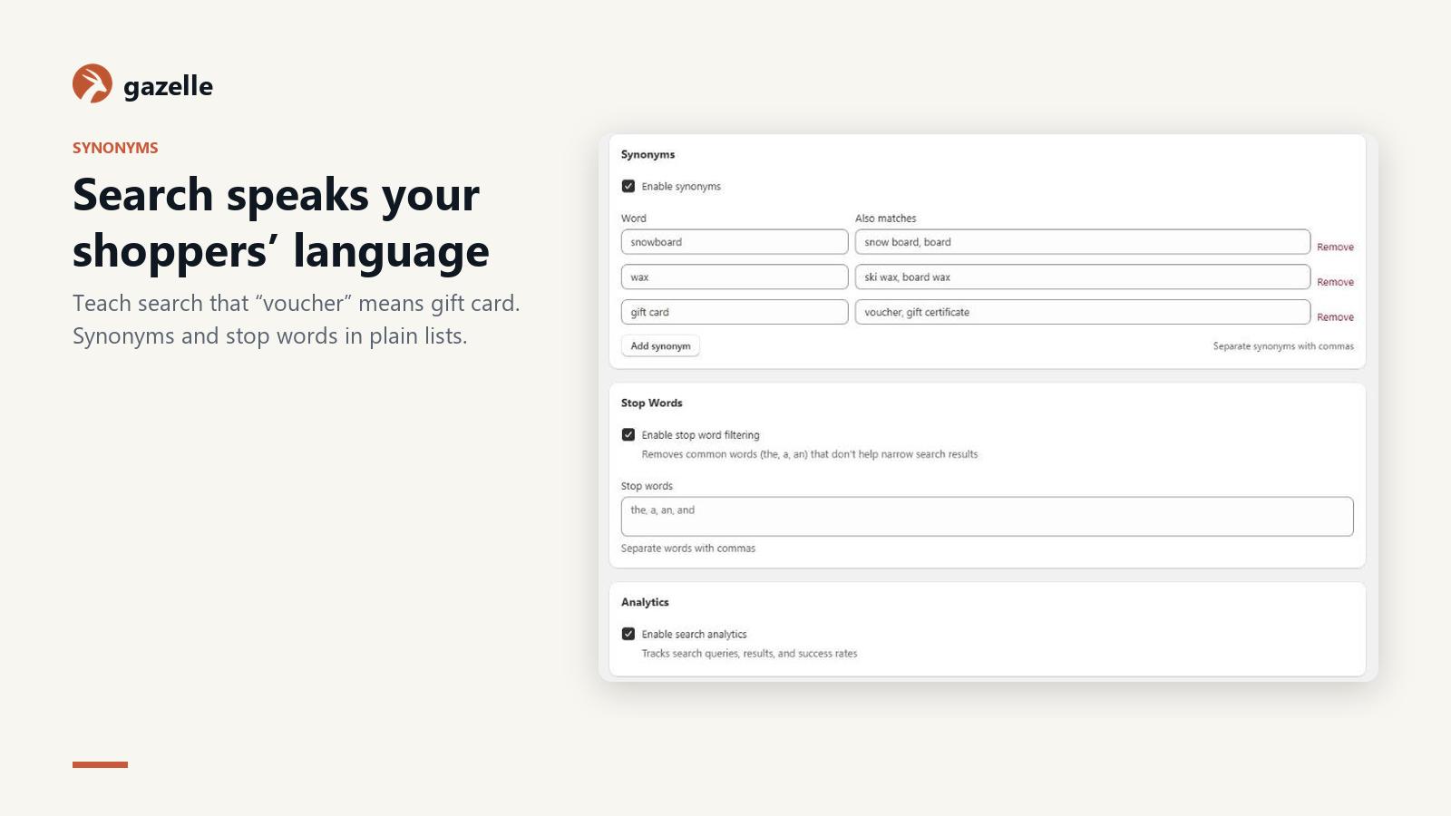 Synonyms and stop words settings