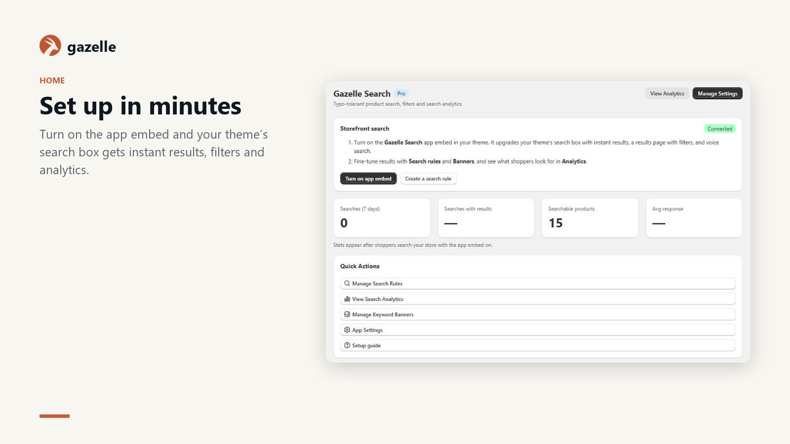 App home with storefront setup and quick actions