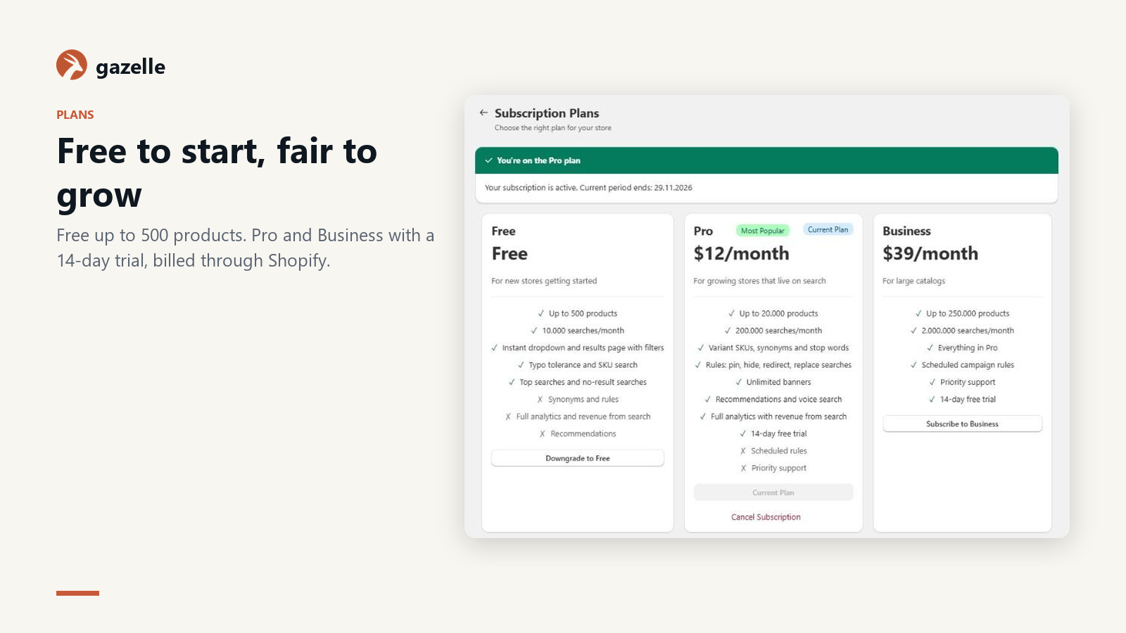 Free, Pro and Business plans billed through Shopify